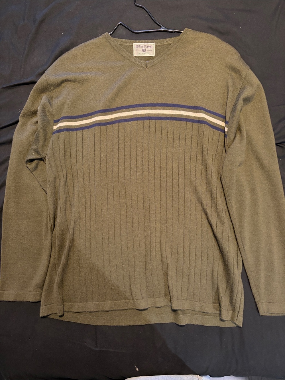 Haggar Olive Green Crewneck Sweater with Contrast Stripes